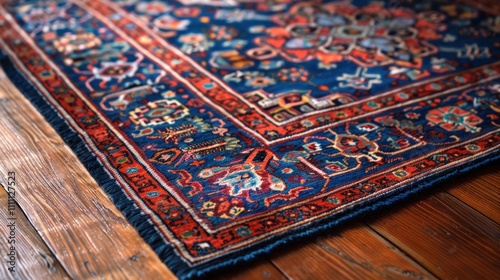 Detailed close-up of a richly patterned oriental rug on a hardwood floor.