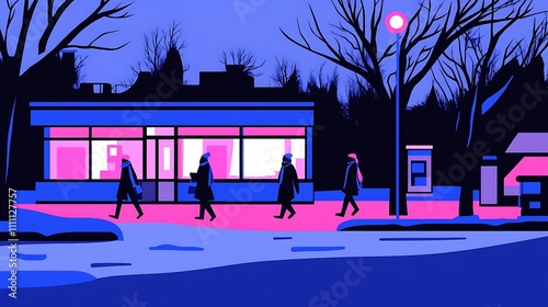 People Walking Past a Storefront in a Snowy Town at Night
