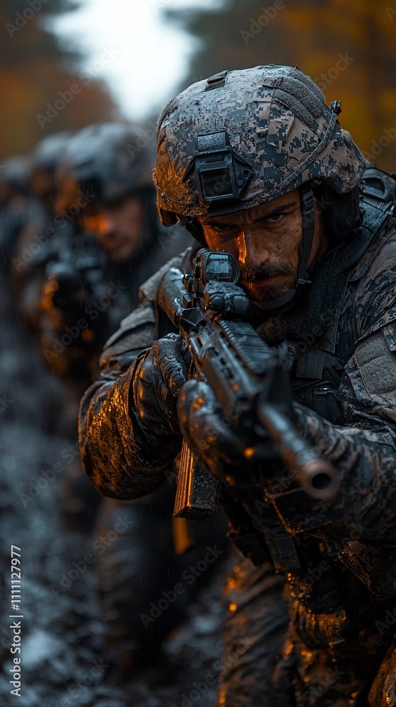 soldiers in modern gear aim an M-16 rifle at a black monster that looks like smoke. soldiers in modern gear aim an M-16 rifle at a black monster that looks like smoke.