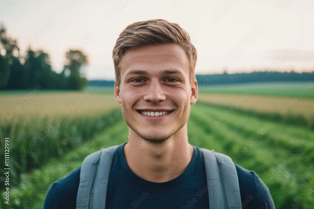 Close portrait of a smiling young Lithuanian male farmer standing and looking at the camera, outdoors Lithuanian rural blurred background Close portrait of a smiling young Lithuanian male farmer standing and looking at the camera, outdoors Lithuanian rural blurred background
