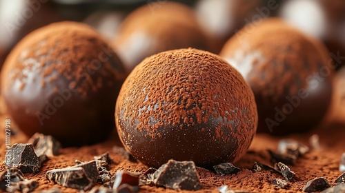 Close-up of decadent chocolate truffles dusted with cocoa powder, surrounded by chocolate shavings.