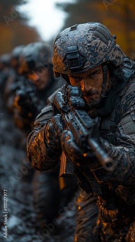 soldiers in modern gear aim an M-16 rifle at a black monster that looks like smoke. photo