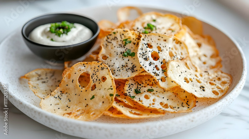 Lotus Root Chips with Wasabi Mayo and Togarashi Spice, Modern Asian Bar Snack Photography