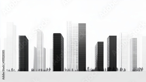 Urban skyline featuring modern skyscrapers with sleek designs and minimalistic architecture under a cloudy sky