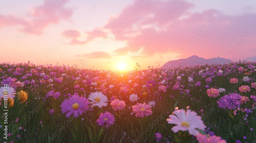 A Field of Wildflowers at Sunset with Mountains in the Distance A Field of Wildflowers at Sunset with Mountains in the Distance