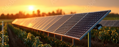 Solar panels in a field during sunset with green crops in the foreground.