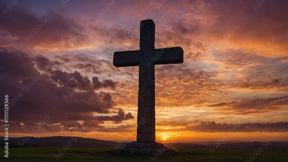 Stone cross silhouette against a Heavenly colorful cloudy sunrise sky Stone cross silhouette against a Heavenly colorful cloudy sunrise sky
