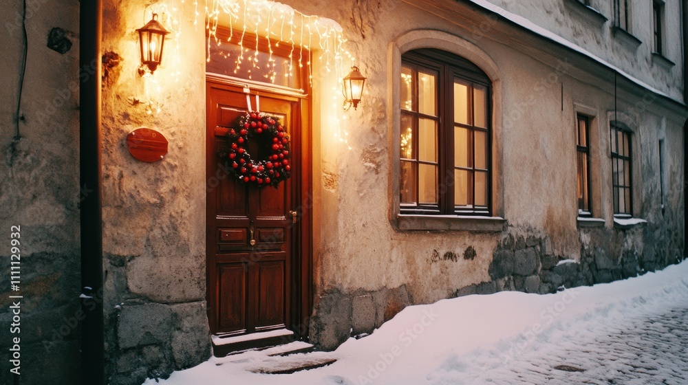 Fototapeta premium A charming historic stone house in Vilnius, Lithuania, adorned with a festive red berry wreath on the wooden door, glowing white lights around windows, and snow covering the cobblestone street.
