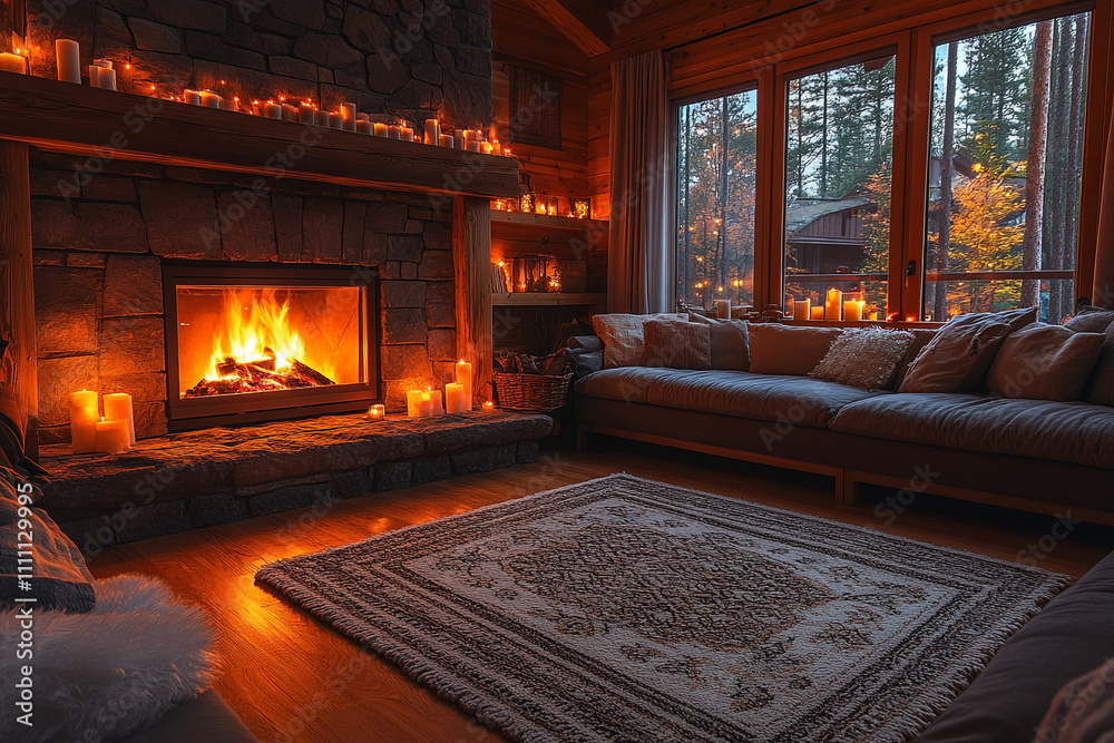 Fototapeta premium Cozy Cabin Fireplace Scene With Candles And Sofa