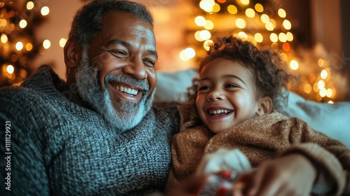 A grandfather and his grandson share laughter, encased in a cozy setting adorned by warm festive lights, embodying familial warmth and happiness.