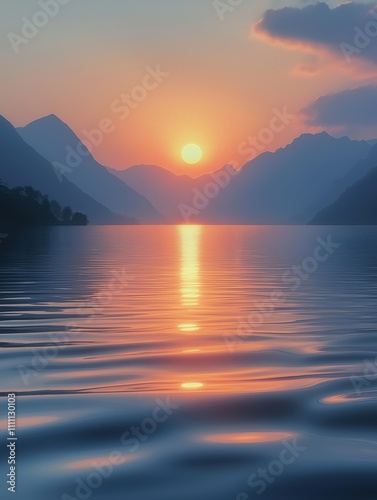 Serene sunset over calm lake surrounded by mountains. Warm colors reflect on water surface. Peaceful scenery. Ideal for nature lovers or anyone seeking tranquility.