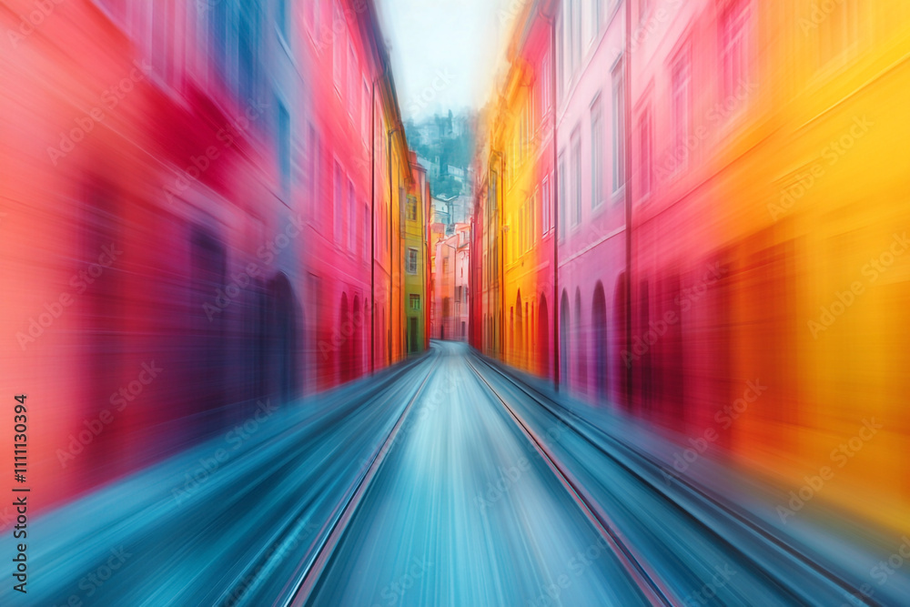 Vibrant City Street Motion Blur Colorful Buildings Vibrant City Street Motion Blur Colorful Buildings