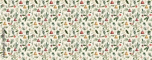 seamless pattern of Watercolor Christmas pattern red green bells festive winter holiday design 