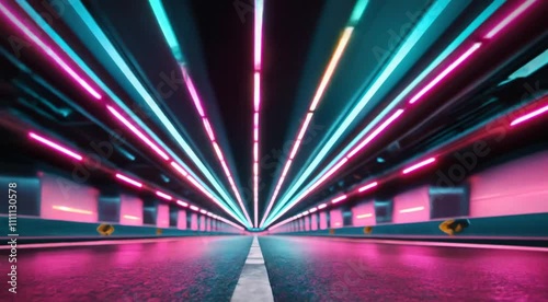 Abstract futuristic neon tunnel moving forward on road