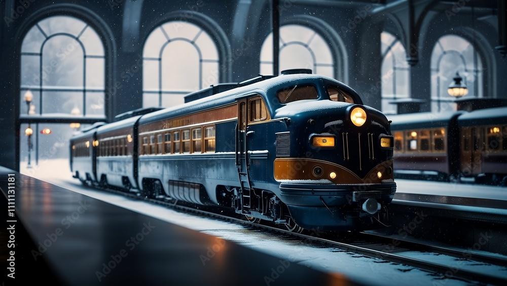 Fototapeta premium Old and retro train in a Christmas decorated train station