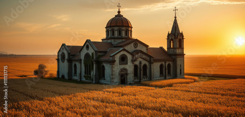 A mystical, abandoned Aruch Cathedral, shrouded in silence, stands amidst a sea of golden wheat fields that stretch infinitely towards a warm, sun-kissed horizon, its weathered. photo