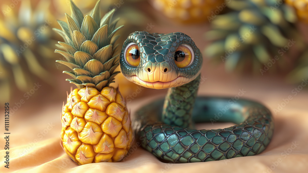 Fototapeta premium cute green snake with big eyes, pineapple nearby, wallpaper