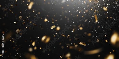 Sophisticated black canvas with golden confetti and glitter falling. Space available on the right for adding text. Modern New Year design