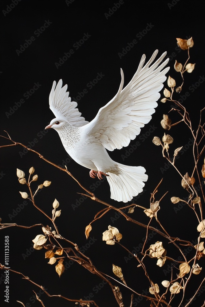 Obraz premium A mid-flight dove with outstretched wings, perfect for use in projects symbolizing liberation or new beginnings