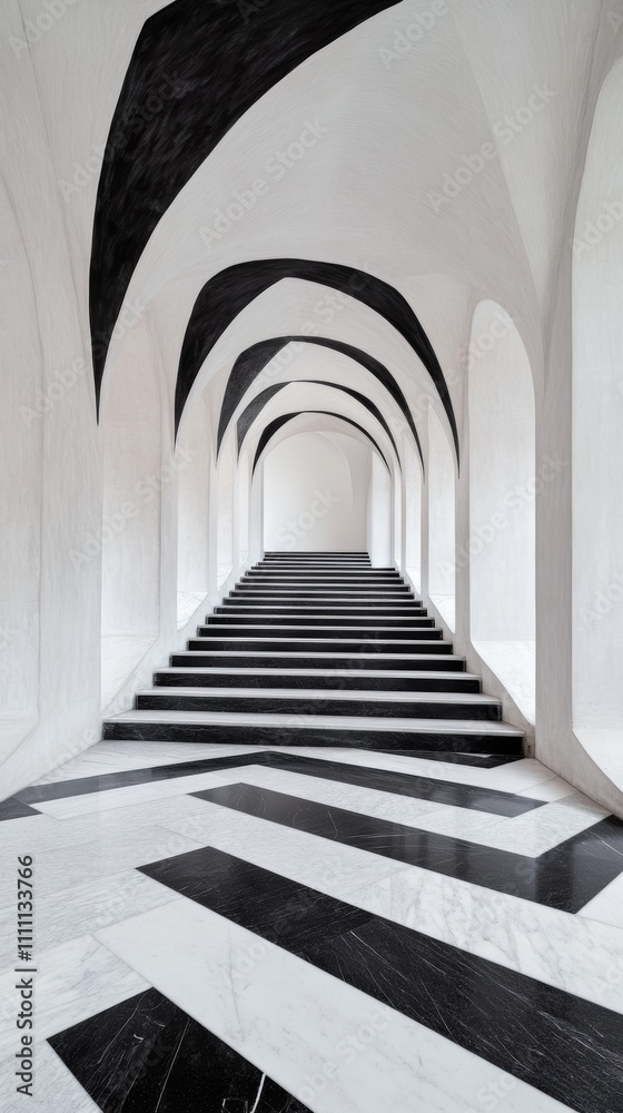 Obraz premium A stunning monochrome hallway with a staircase leads to an unknown destination. The black and white geometric patterns create a visually striking contrast.