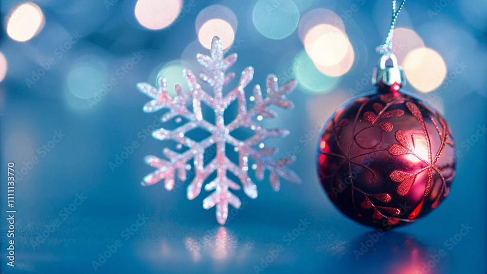 Fototapeta premium Christmas balls hanging with gold, glitter, shiny and glossy elements in snowflakes pattern elegant background