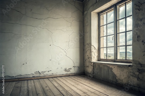 Old empty room with cracked walls and a large window overlooking a cloudy landscape in the daytime. Empty room for product presentation. Generative AI