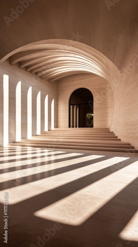 Sunlit architectural interior.  Neutral tones and arched doorways create a serene atmosphere.