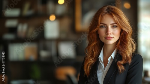 Confident plus-size professional woman in tailored suit standing in modern office setting