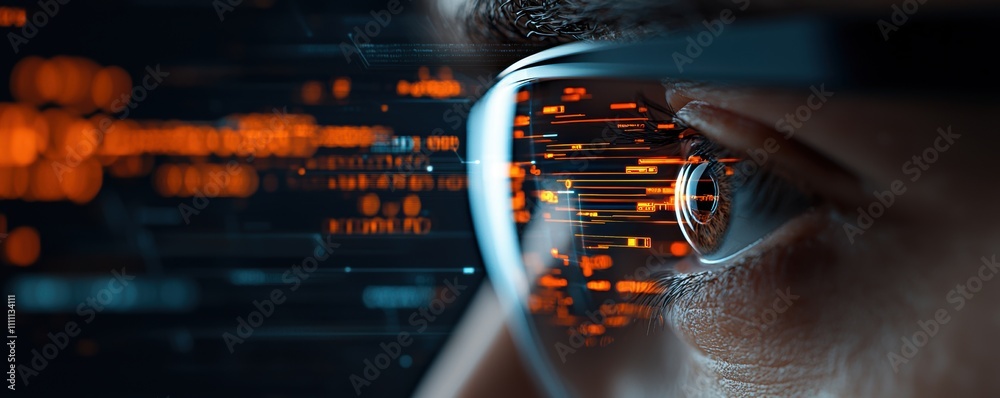 Close-up of a human eye wearing smart glasses with glowing data and holographic elements. Close-up of a human eye wearing smart glasses with glowing data and holographic elements.