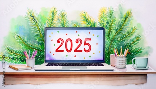 Laptop with numbers 2025 on the screen on a desktop and Christmas tree with lights in the background. Watercolor illustration, business postcard template.
