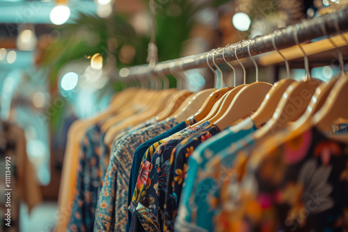 Colorful clothes hanging on hangers in second hand clothing shop, charity shop, thrift store, vintage clothing boutique. photo