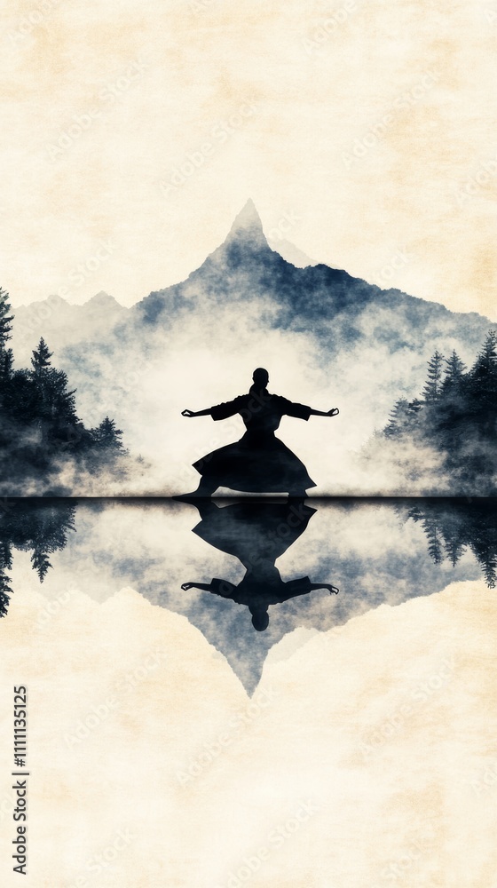 A serene silhouette of a person practicing martial arts in front of a majestic mountain and its reflection in a still lake. A serene silhouette of a person practicing martial arts in front of a majestic mountain and its reflection in a still lake.