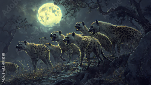 The haunting laughter of hyenas fills the air as they gather in the savannah under the pale moonlight, showcasing their social behavior in a nocturnal world. Nocturnal. Illustration photo