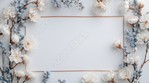 White flowers and blue berries forming a rectangular frame on a white background with thin golden borders. Flat lay composition with copy space. Design for greeting cards, invitations, and weddings