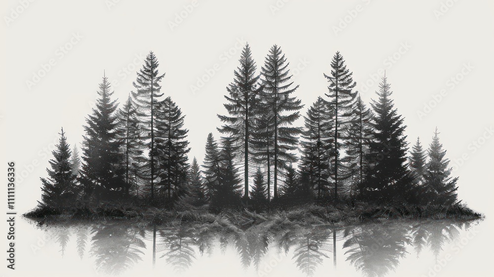 Obraz premium Monochrome forest silhouette reflected in water.