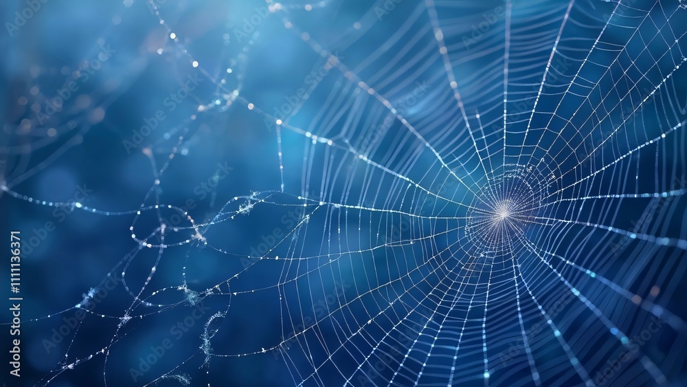 Stunning Spider Silk Macro, Delicate Threads, Shimmering Texture, Blue Background Stunning Spider Silk Macro, Delicate Threads, Shimmering Texture, Blue Background