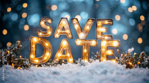 Illuminated Save the Date Sign in Snowy Winter Scene
