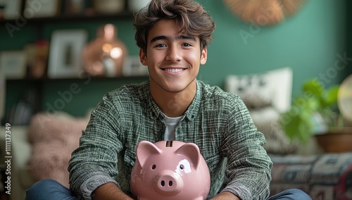 Young Man Holding a Piggy Bank