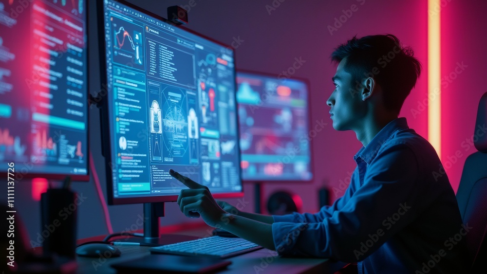 The image shows a young man sitting at a desk in front of multiple computer monitors. He is wearing a blue shirt and appears to be focused on the screen. The image shows a young man sitting at a desk in front of multiple computer monitors. He is wearing a blue shirt and appears to be focused on the screen.