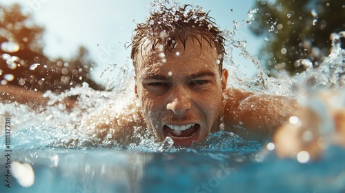 An energetic swimmer pushes forward, slicing through sunlit pool water with determination and excitement, eyes forward with water splashing from every stroke. photo