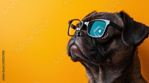 A stylish pug wearing sunglasses poses confidently against a bright orange background. The image captures a unique blend of cuteness and coolness in one frame. photo