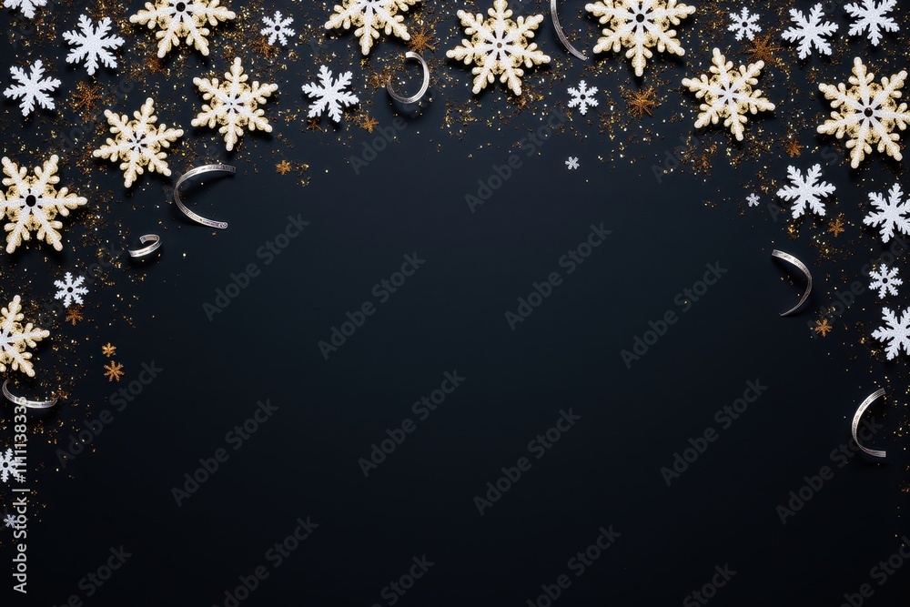 Festive Flatlay Composition with Golden Glitters, Snowflakes, and Stylish Accents for Winter Celebrations and Holiday Season Festive Flatlay Composition with Golden Glitters, Snowflakes, and Stylish Accents for Winter Celebrations and Holiday Season