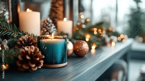 A blue candle with pinecones and golden ornaments sits on a table, surrounded by twinkling holiday lights, creating a cozy Christmas atmosphere in natural light. photo