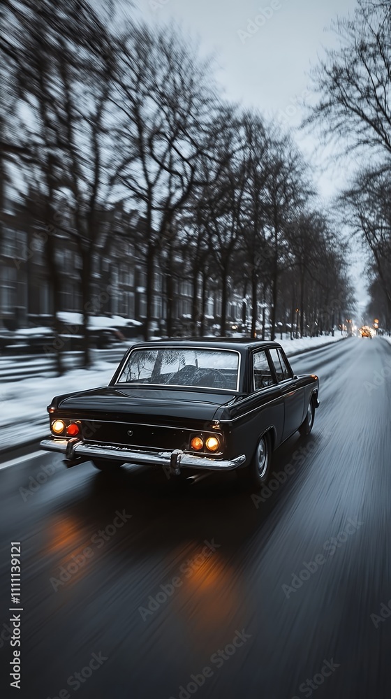 Fototapeta premium retro car similar to volga on snowy street