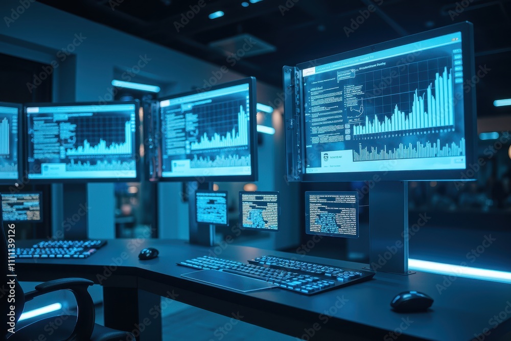 High-Tech Control Room with Multiple Monitors Displaying Holographic Data and Graphs for Advanced Data Analysis and Management High-Tech Control Room with Multiple Monitors Displaying Holographic Data and Graphs for Advanced Data Analysis and Management