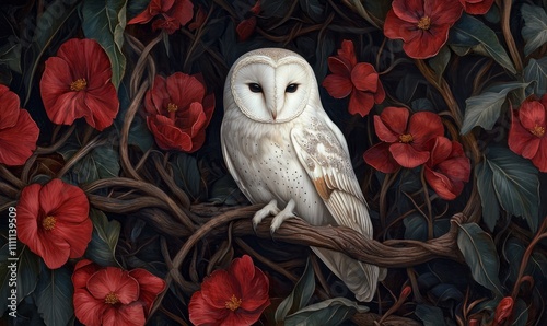 A beautifully detailed painting of a white owl perched on a branch, surrounded by red flowers and dark green foliage.