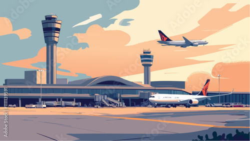Atlanta Airport in Motion- Planes, Ground Services, and Control Tower.eps