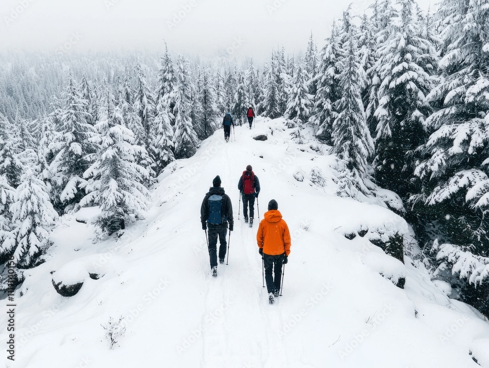 Winter hiking adventure snowy mountains outdoor activity nature escape dynamic perspective group exploration Winter hiking adventure snowy mountains outdoor activity nature escape dynamic perspective group exploration