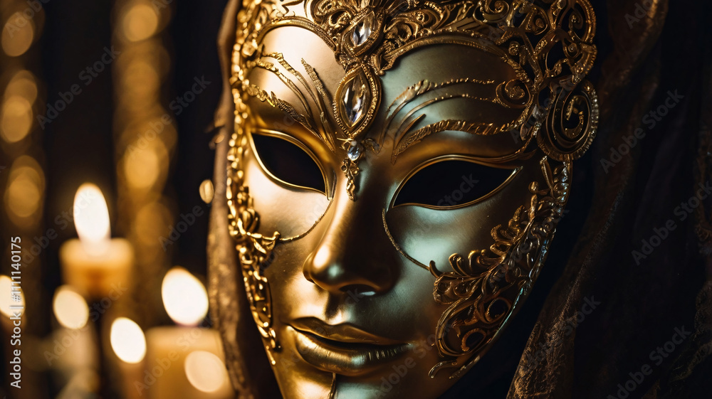 Person wearing a golden mask representing mystery and opulence of high society secret parties Person wearing a golden mask representing mystery and opulence of high society secret parties
