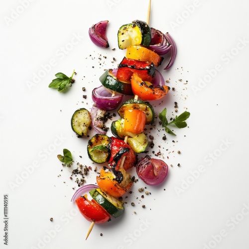 Colorful vegetable skewers arranged artfully with herbs and spices before grilling photo